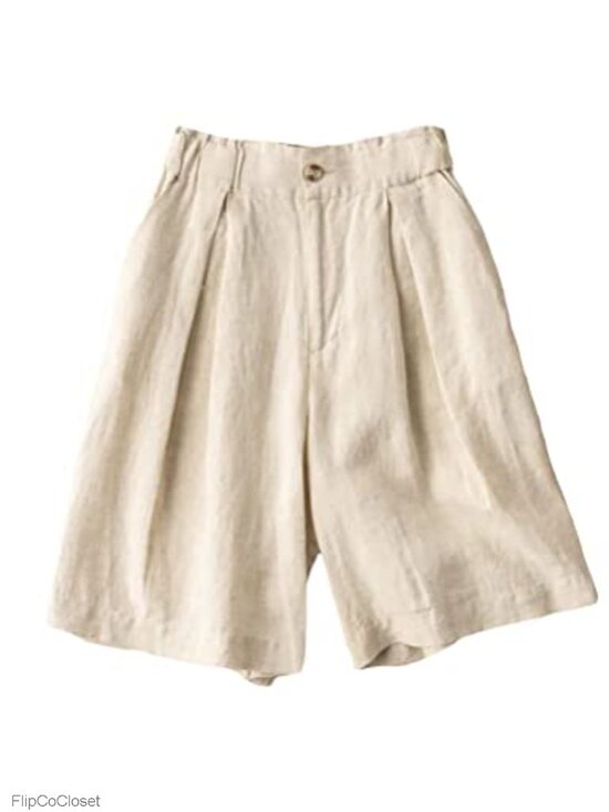 Pants - High Waisted Wide Leg Linen Bermuda Shorts with Pockets